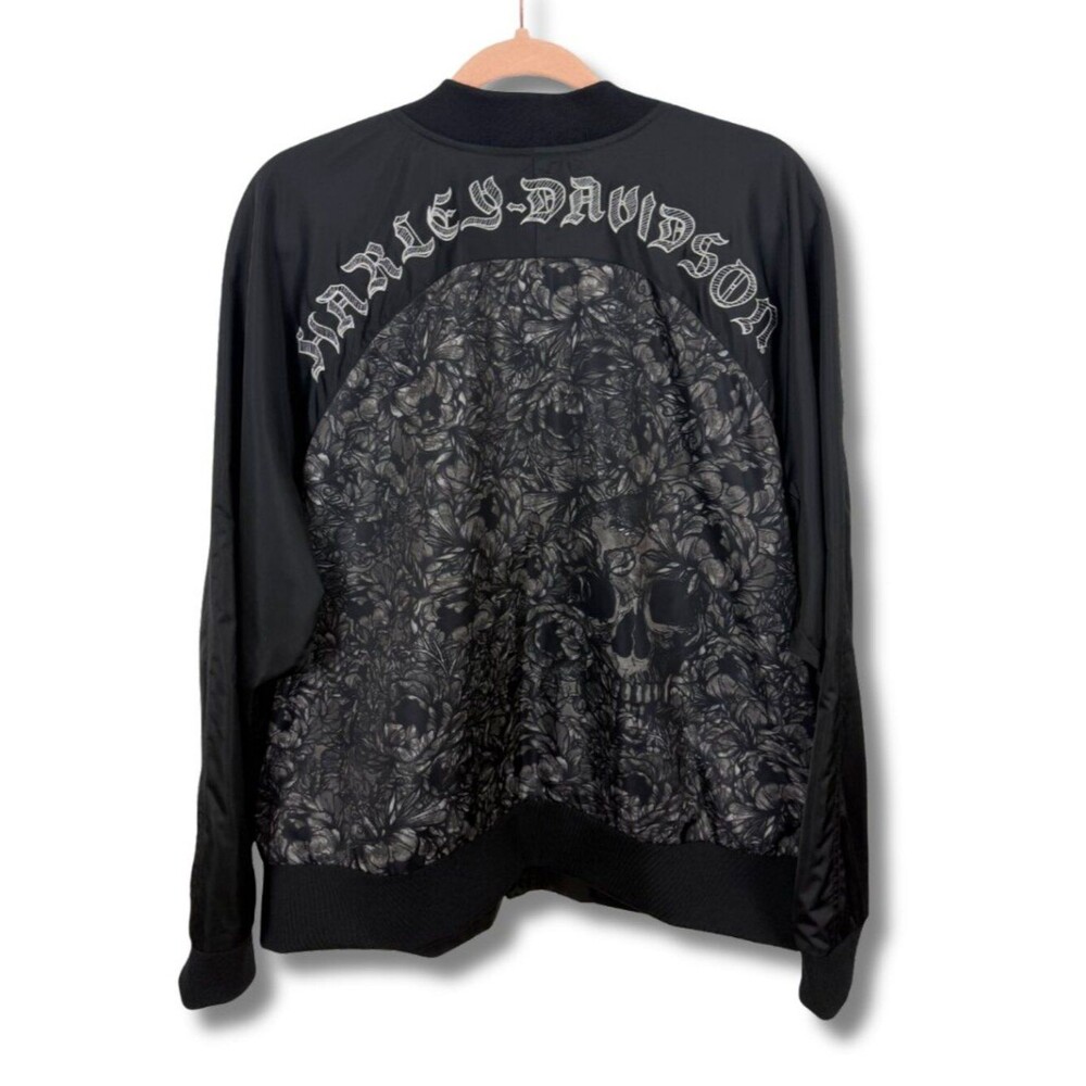 Harley-Davidson | Black & Gray Floral Skull Embroidered Bomber Jacket Size 2XL